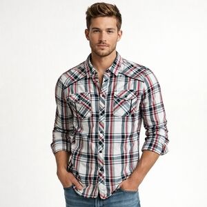 BKE Buckle Western Shirt Mens Medium Black White Plaid Tailored Fit Pearl Snap